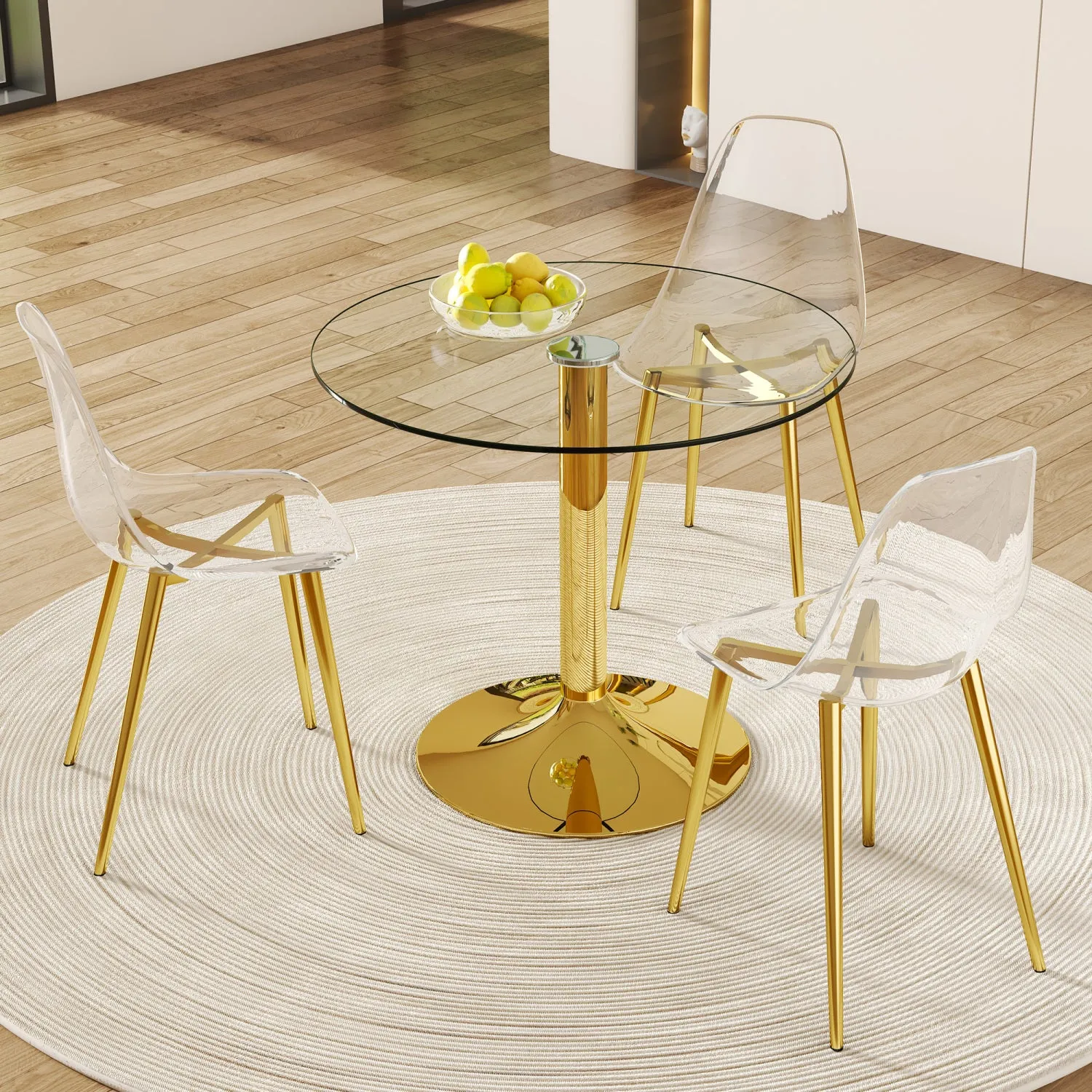 Streamdale 35" Glass Round Dining Set: Gold Table & 3 Clear Chairs