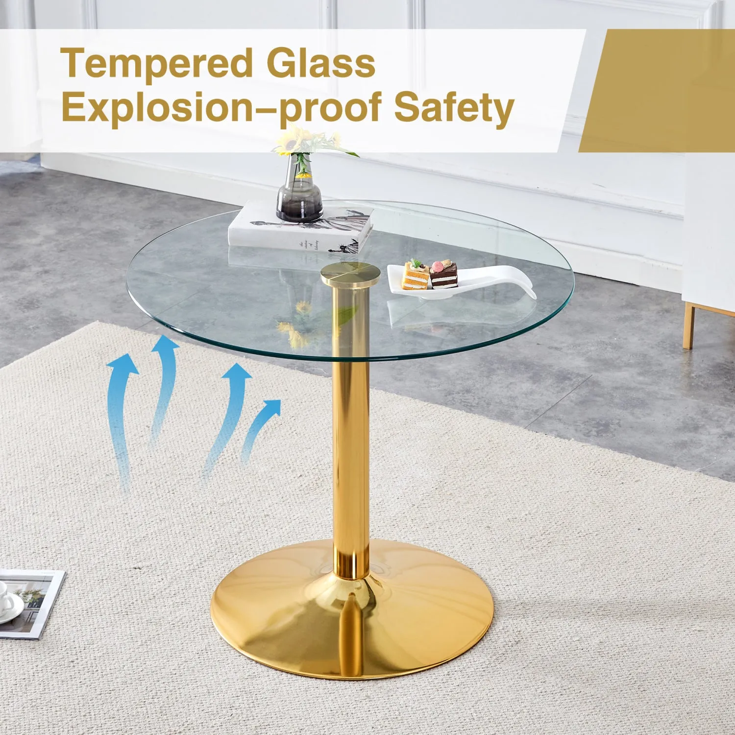 Streamdale 35" Glass Round Dining Set: Gold Table & 3 Clear Chairs