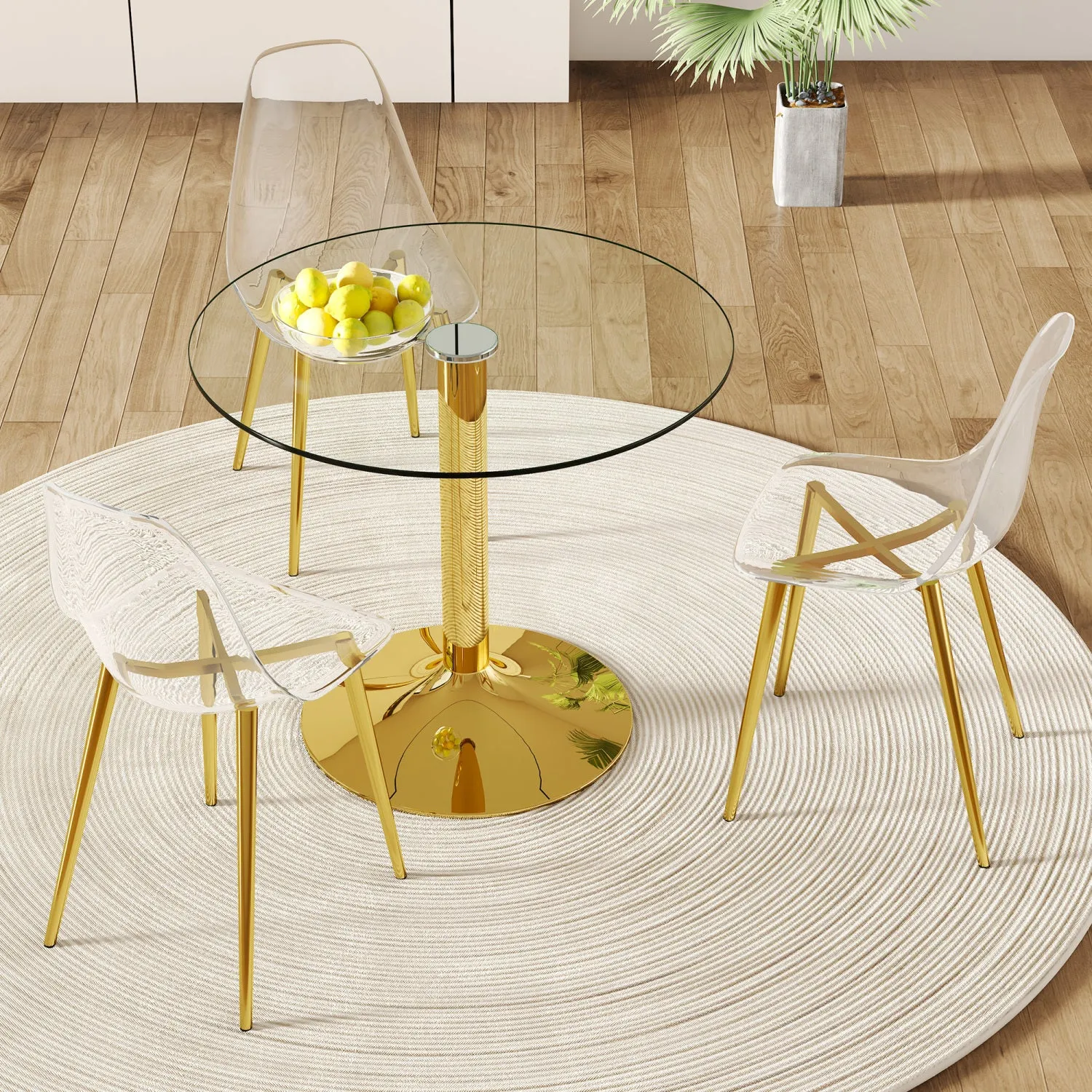 Streamdale 35" Glass Round Dining Set: Gold Table & 3 Clear Chairs