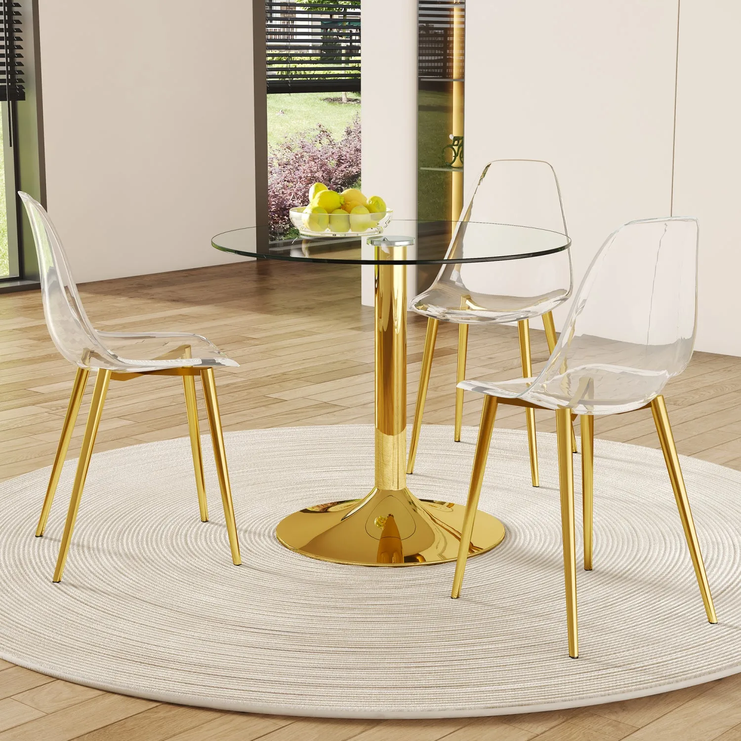 Streamdale 35" Glass Round Dining Set: Gold Table & 3 Clear Chairs