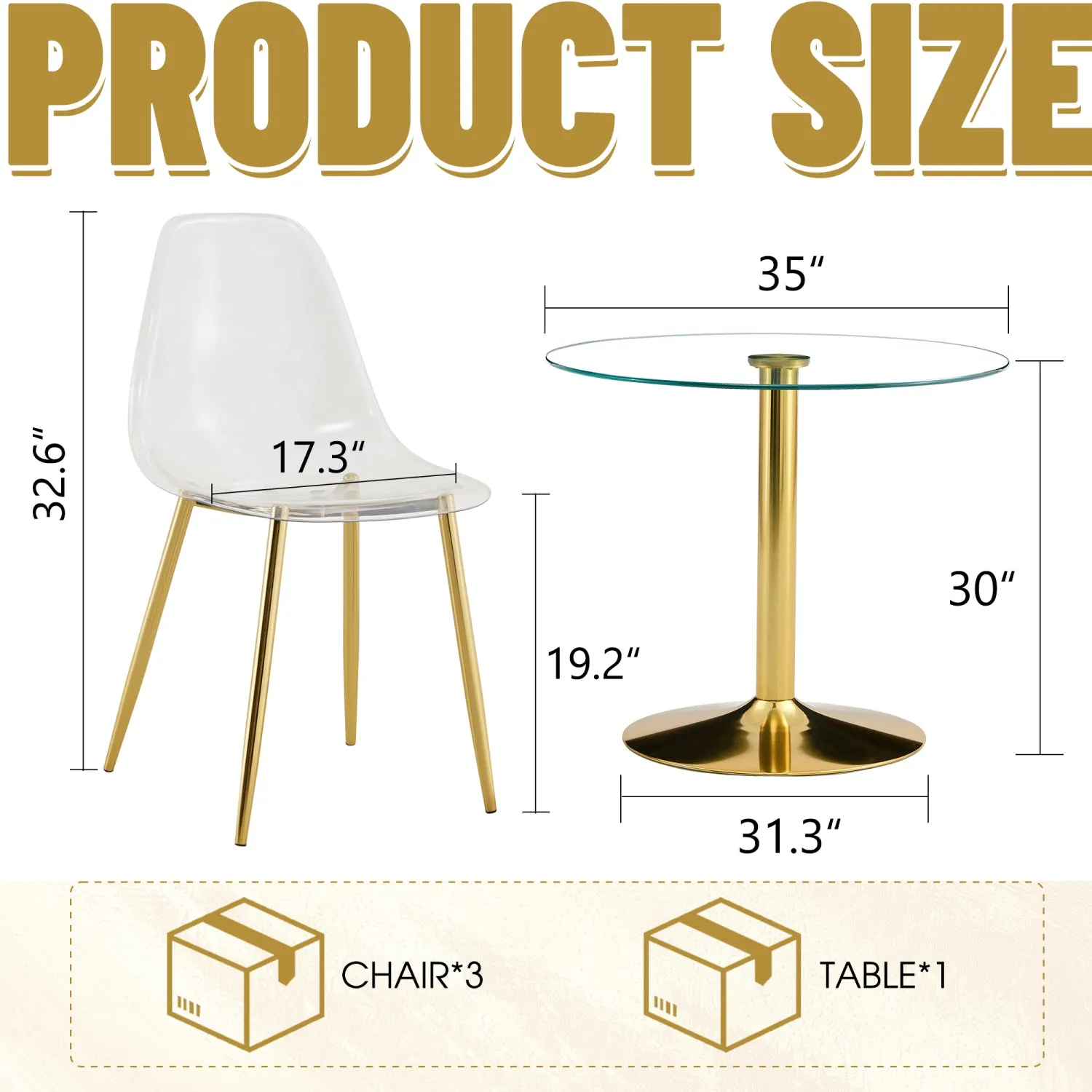 Streamdale 35" Glass Round Dining Set: Gold Table & 3 Clear Chairs