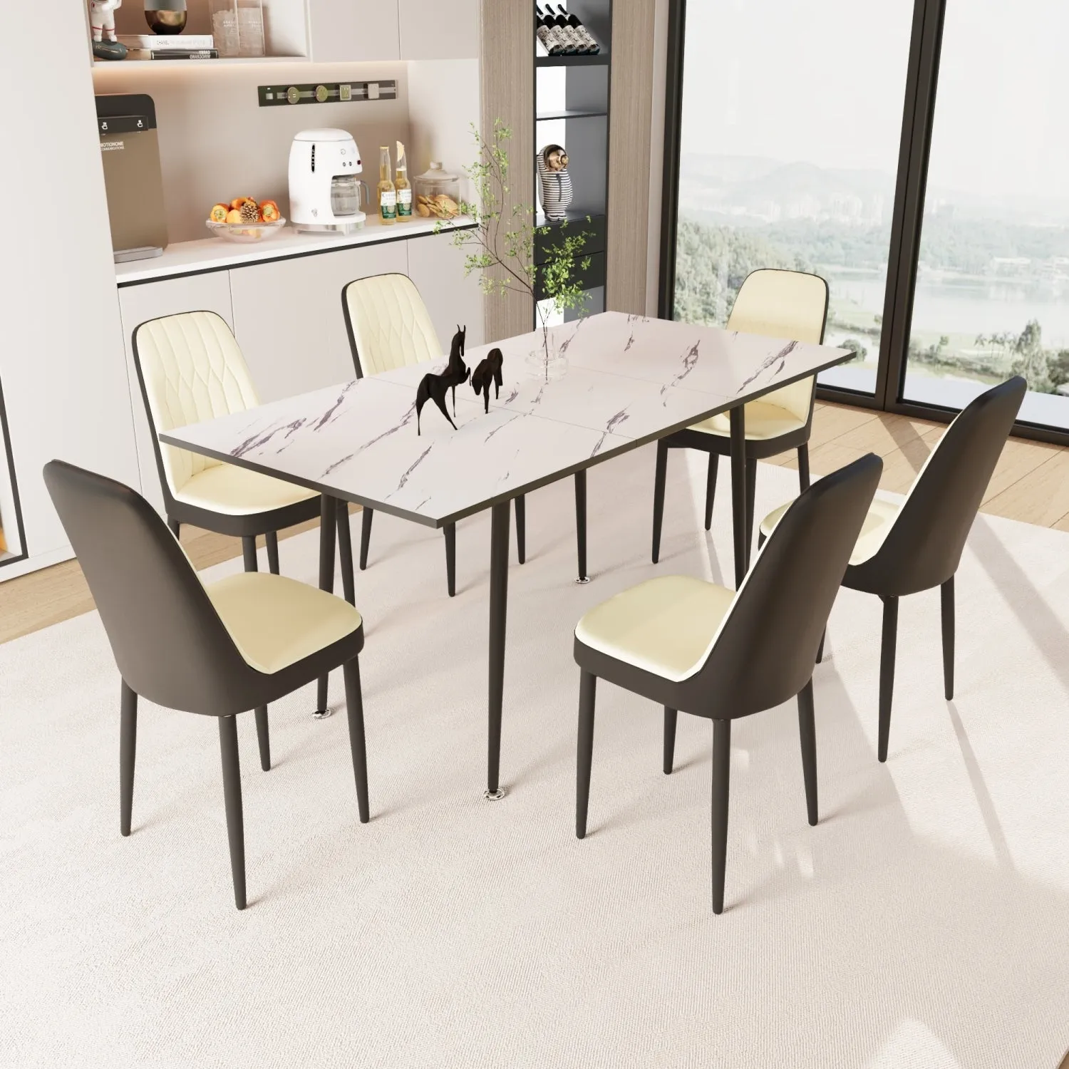 Streamdale 47-63" Expandable Dining Set: Table & Cushioned Chairs, Black Legs