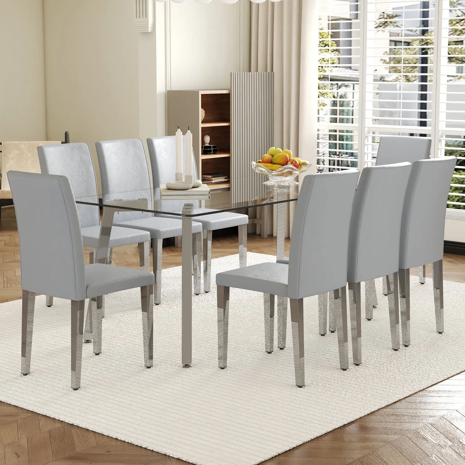 Streamdale 71" Rectangular Glass Dining Table Set with 8 Gray PU Chairs