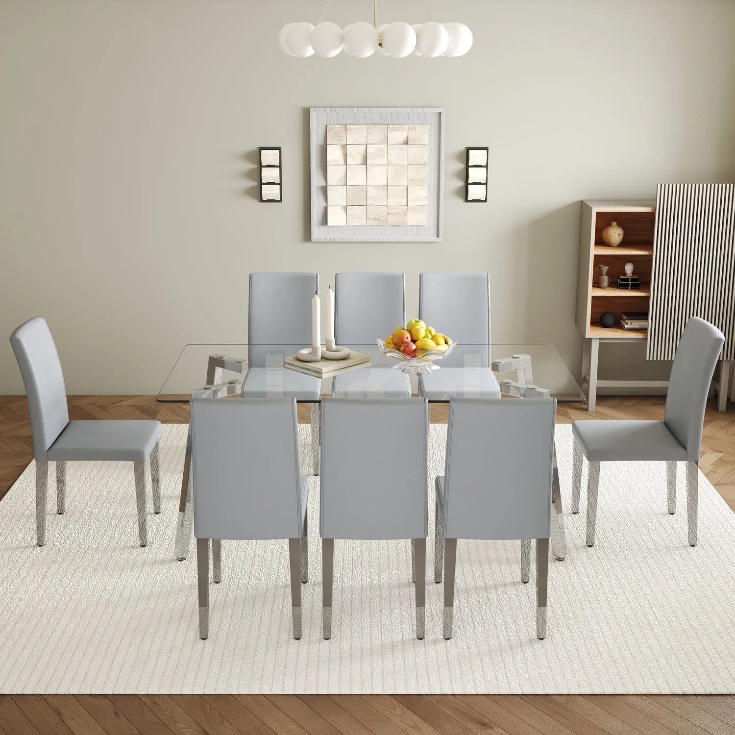 Streamdale 71" Rectangular Glass Dining Table Set with 8 Gray PU Chairs