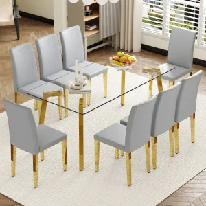 Streamdale 71" Rectangular Glass Dining Table Set with 8 Gray PU Chairs