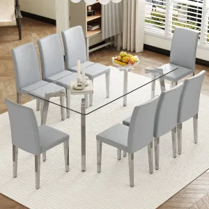 Streamdale 71" Rectangular Glass Dining Table Set with 8 Gray PU Chairs