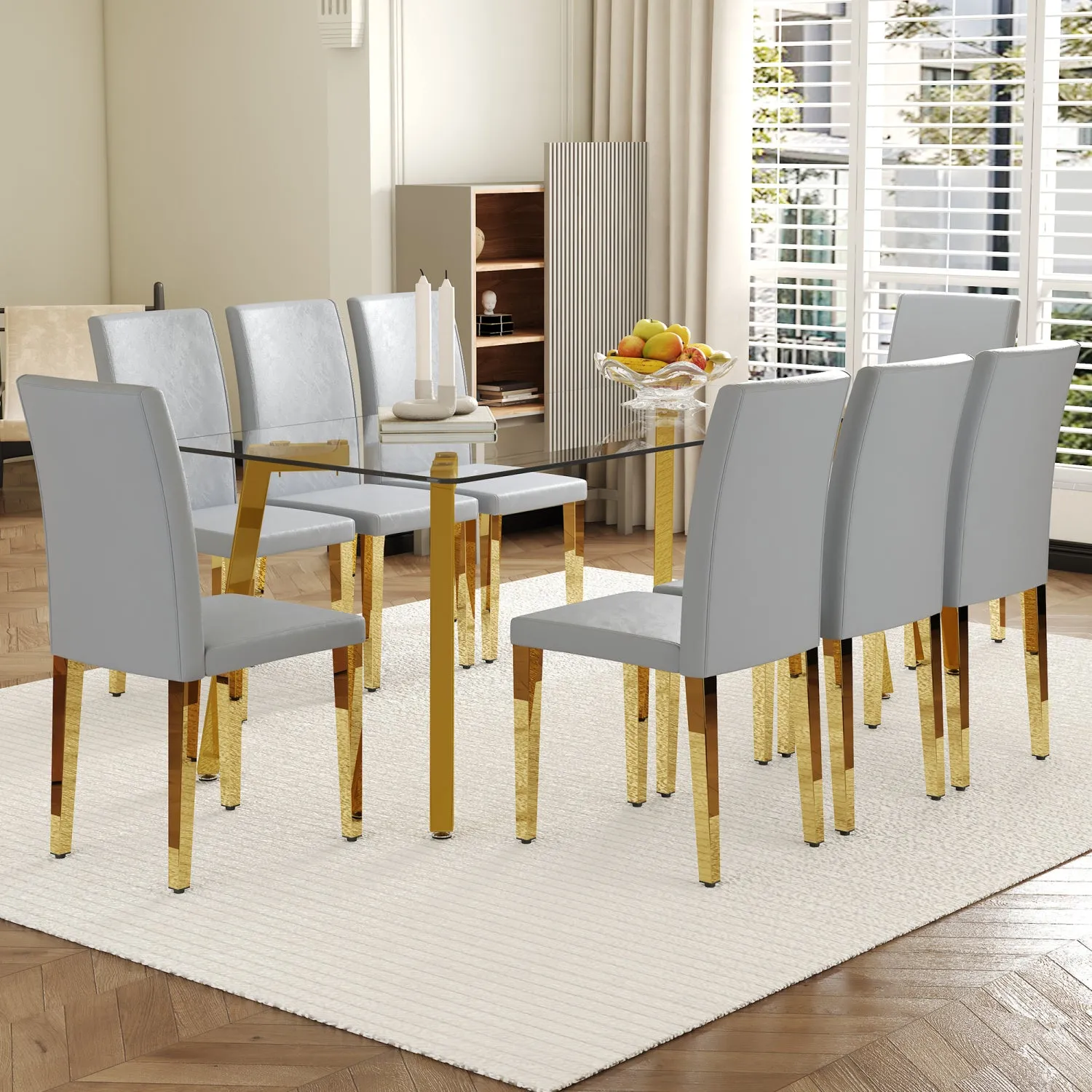 Streamdale 71" Rectangular Glass Dining Table Set with 8 Gray PU Chairs