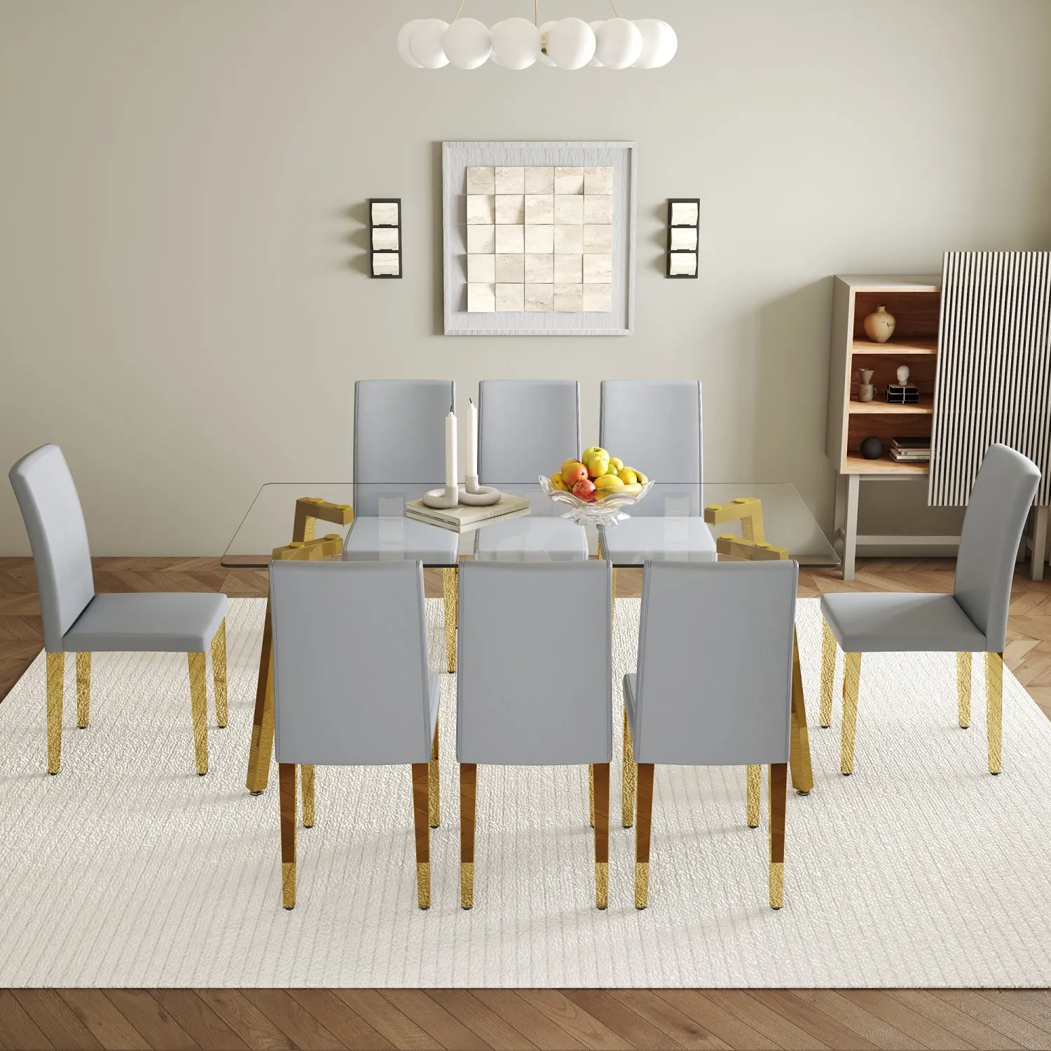 Streamdale 71" Rectangular Glass Dining Table Set with 8 Gray PU Chairs