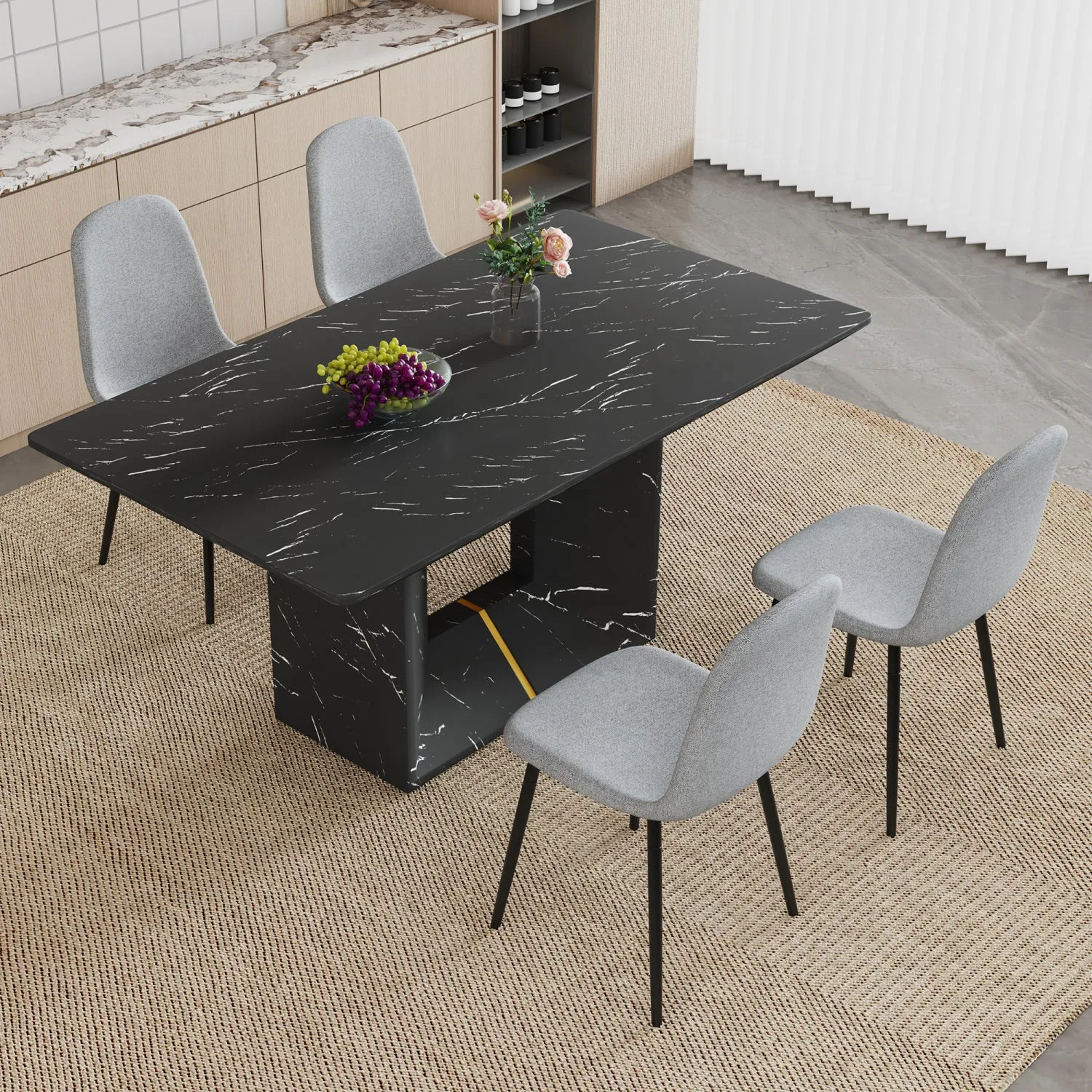 Streamdale Black Marble Dining Set - 63" Table & 4 Gray Linen Chairs