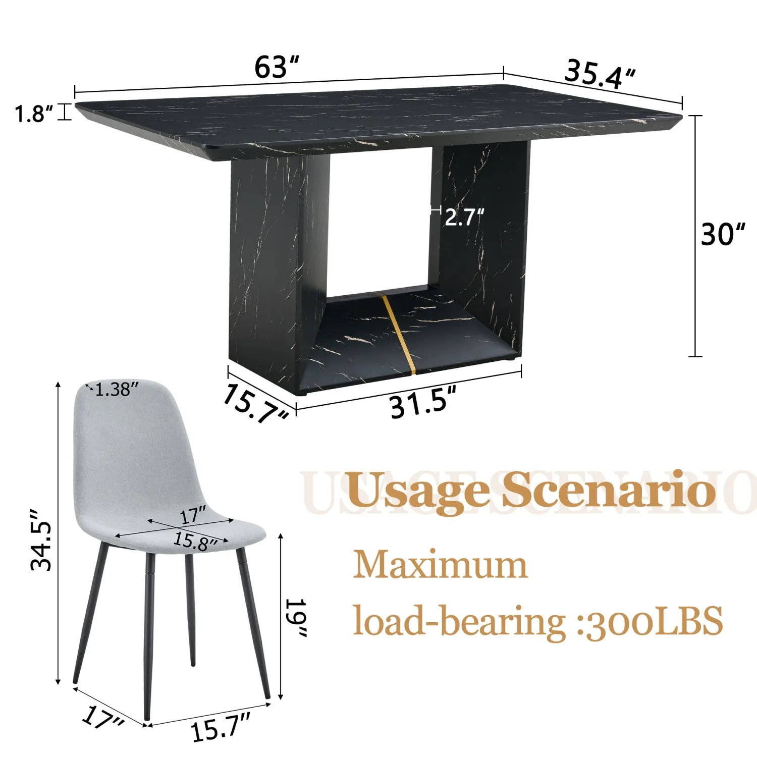Streamdale Black Marble Dining Set - 63" Table & 4 Gray Linen Chairs