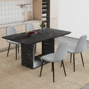 Streamdale Black Marble Dining Set - 63" Table & 4 Gray Linen Chairs