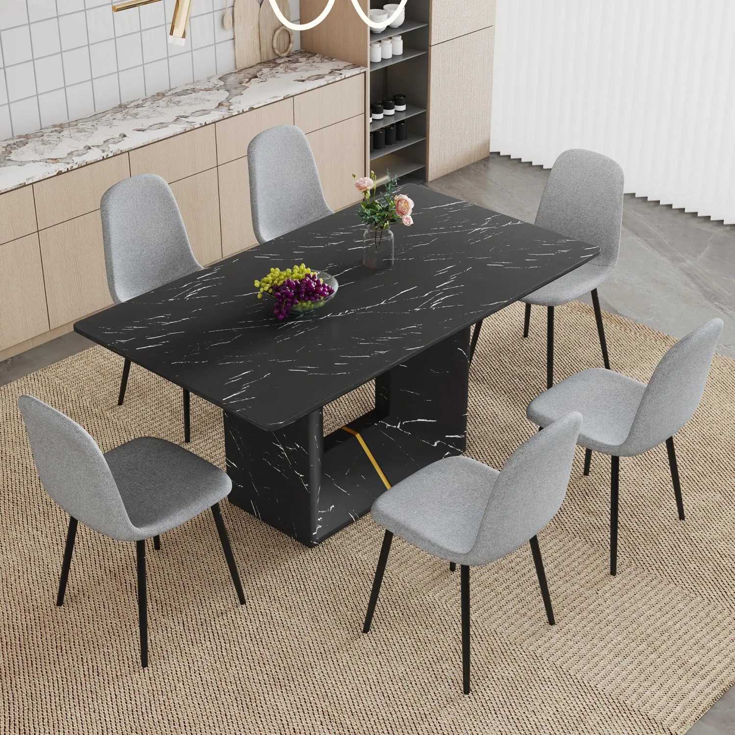 Streamdale Black Marble Dining Set - 63" Table & 6 Gray Linen Chairs