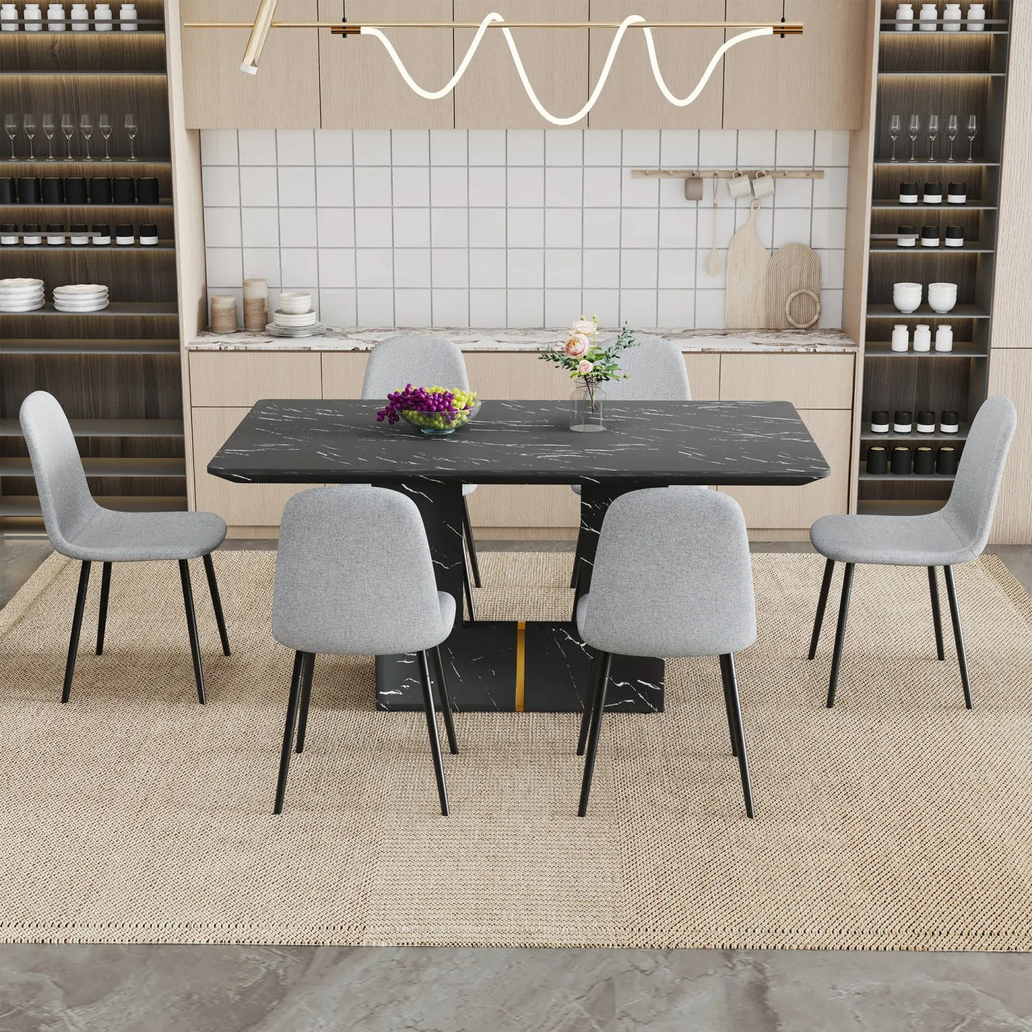 Streamdale Black Marble Dining Set - 63" Table & 6 Gray Linen Chairs