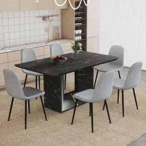Streamdale Black Marble Dining Set - 63" Table & 6 Gray Linen Chairs