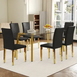 Streamdale Glass Top Dining Set: Table & 6 Black PU Chairs