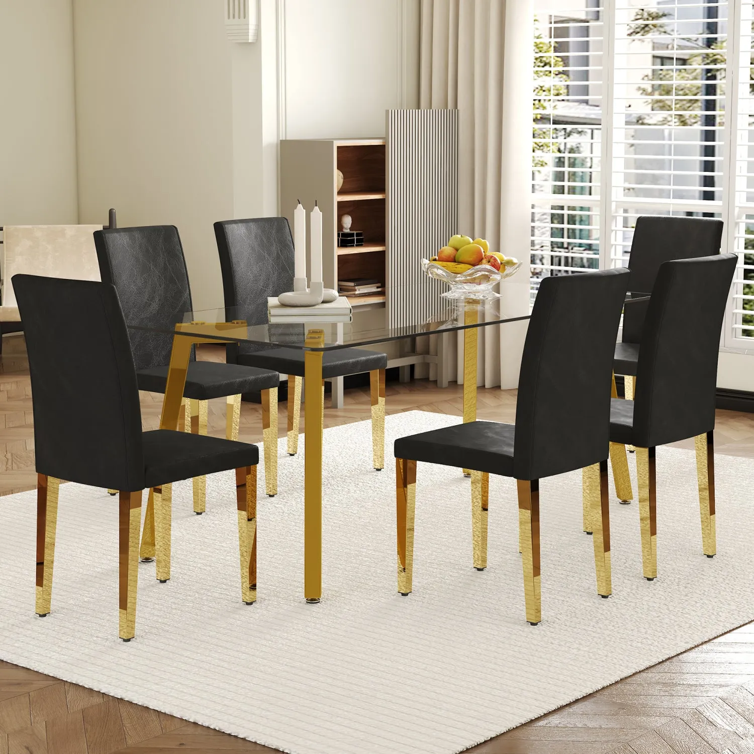 Streamdale Glass Top Dining Set: Table & 6 Black PU Chairs