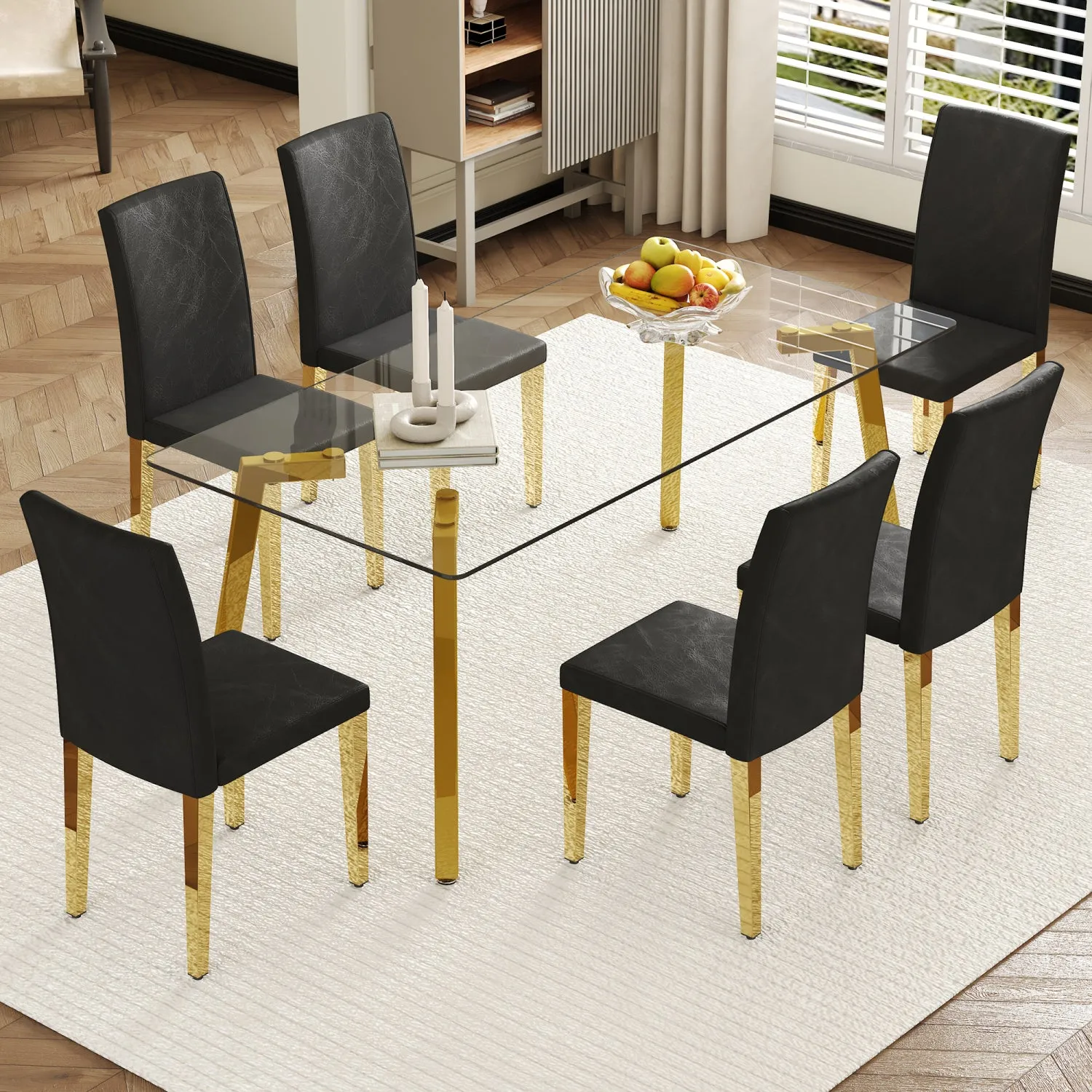 Streamdale Glass Top Dining Set: Table & 6 Black PU Chairs