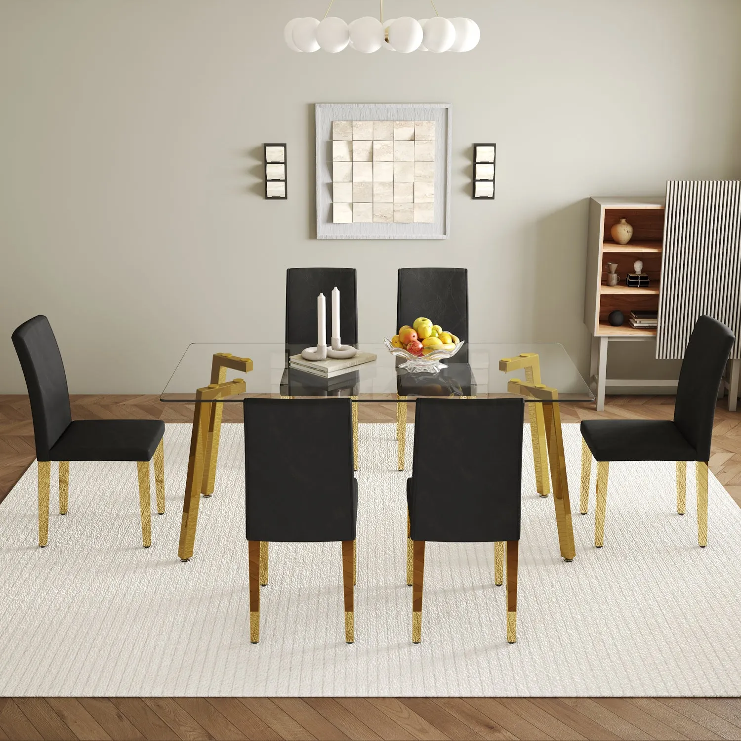 Streamdale Glass Top Dining Set: Table & 6 Black PU Chairs