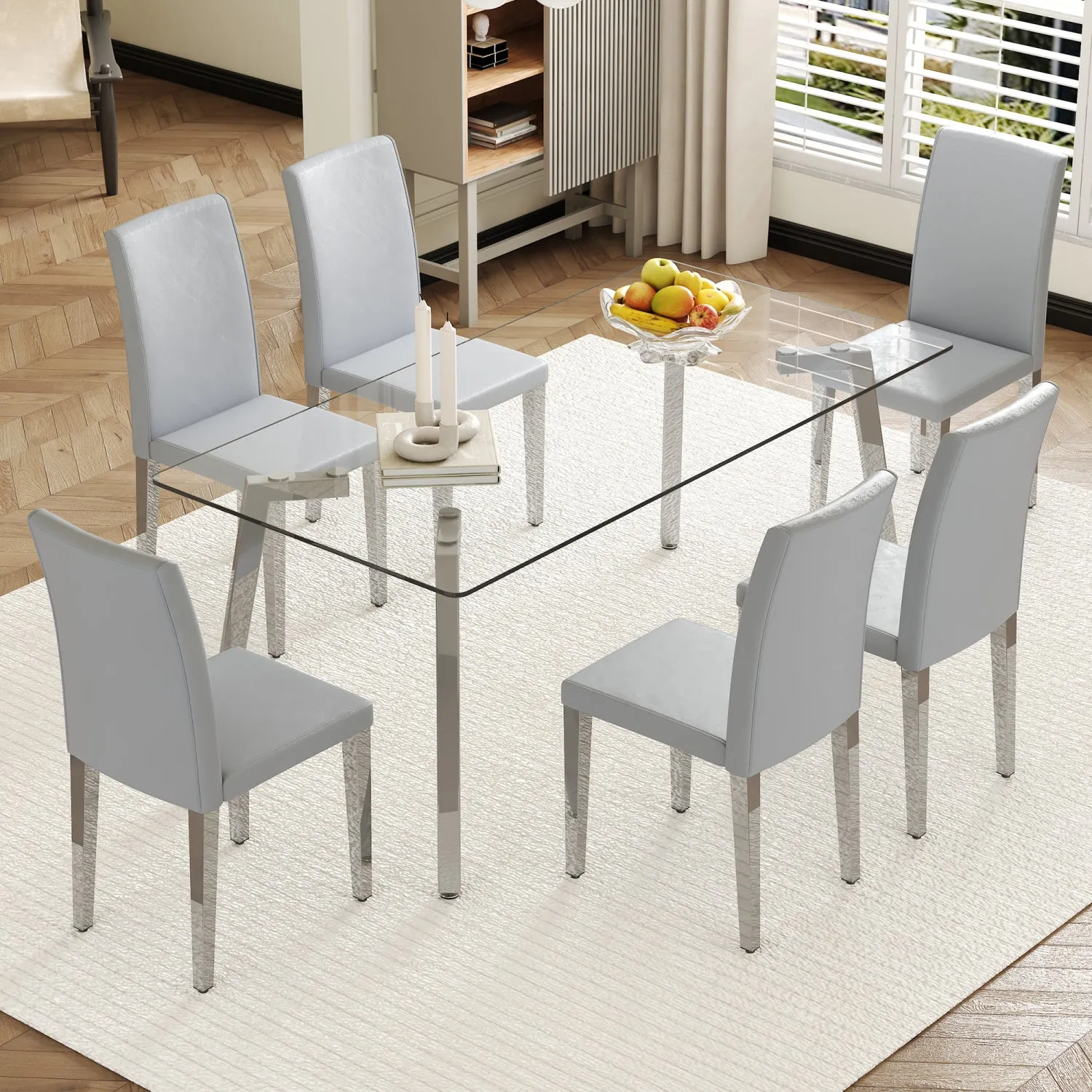 Streamdale Glass Top Dining Set: Table & 6 Gray PU Chairs