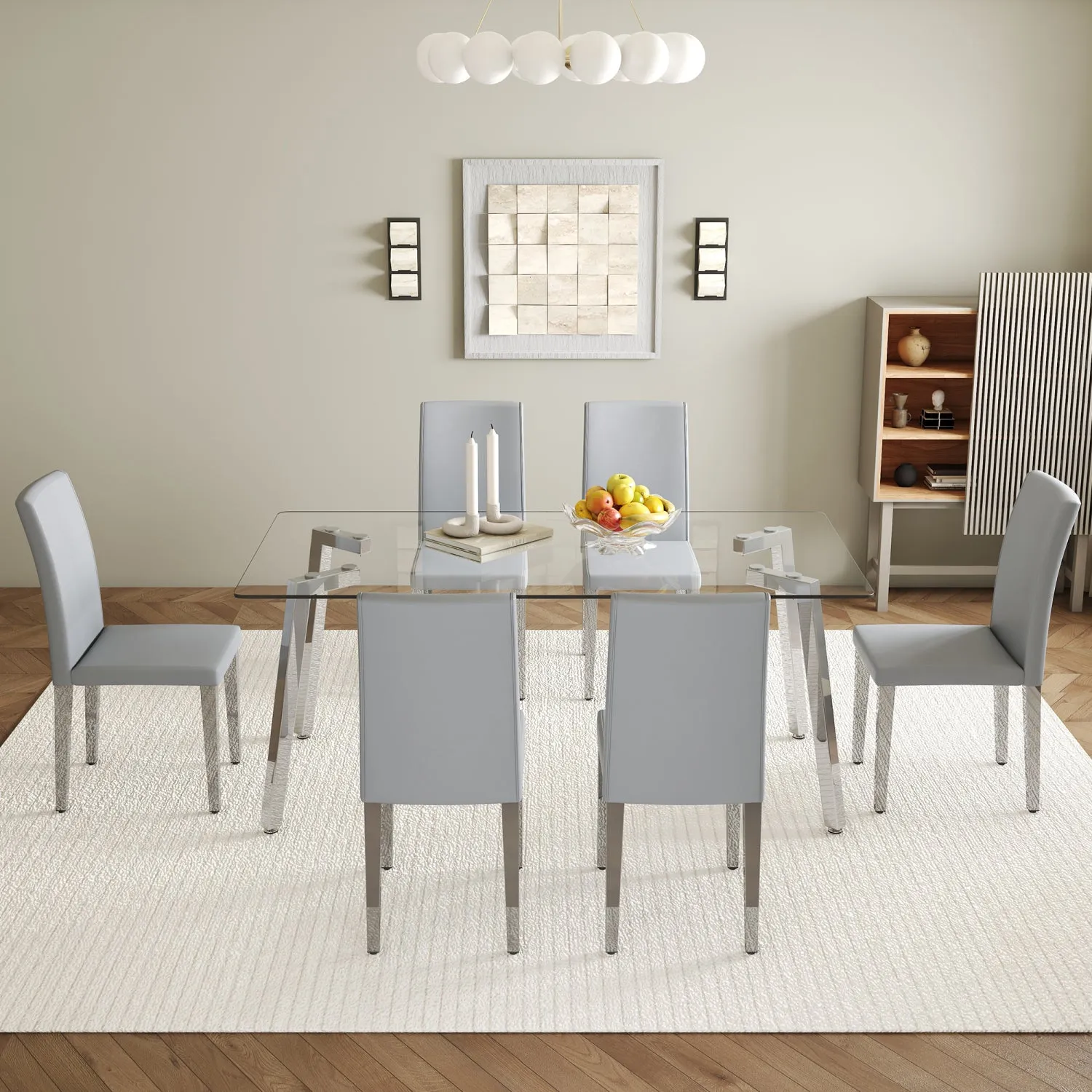 Streamdale Glass Top Dining Set: Table & 6 Gray PU Chairs