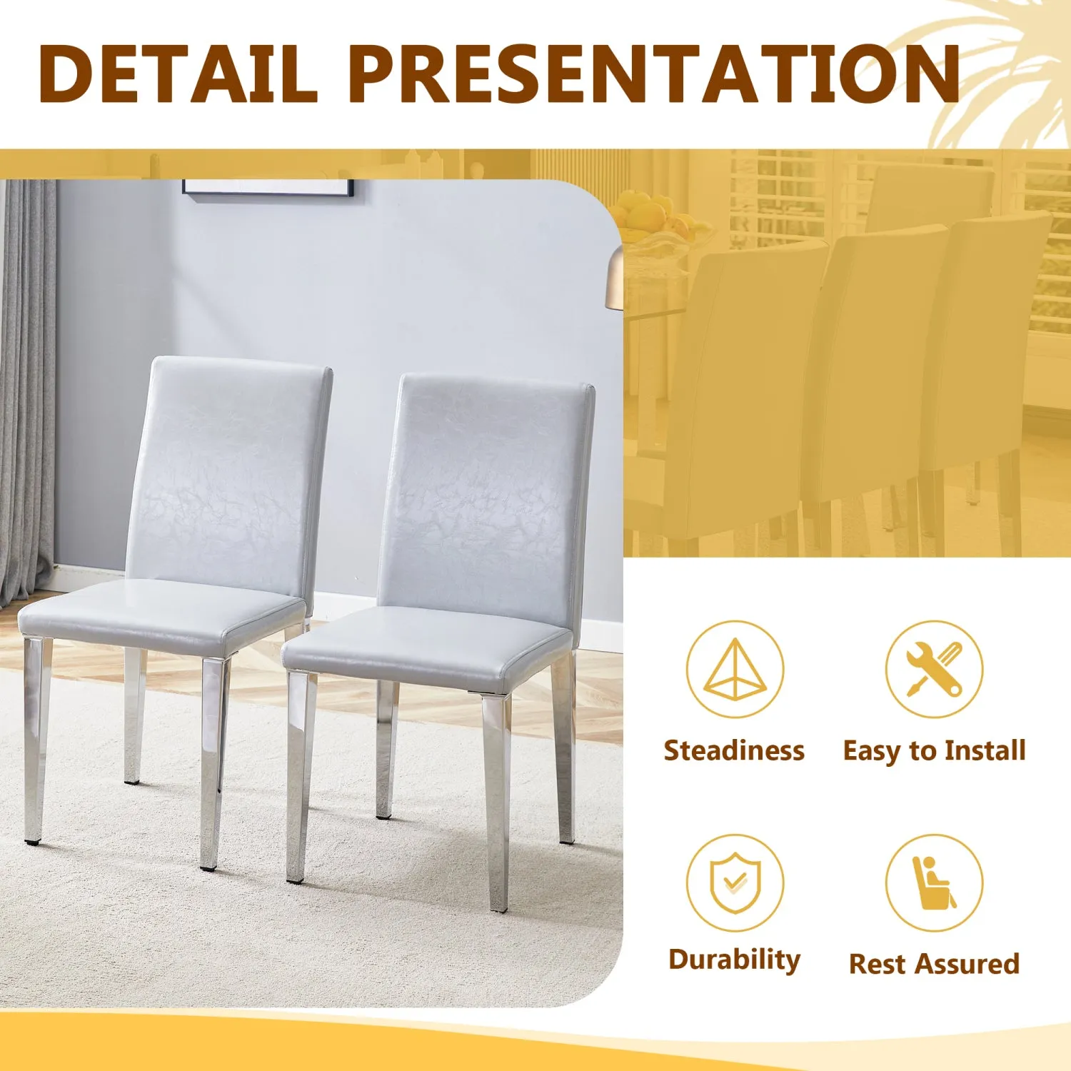 Streamdale Glass Top Dining Set: Table & 6 Gray PU Chairs