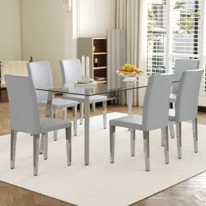 Streamdale Glass Top Dining Set: Table & 6 Gray PU Chairs