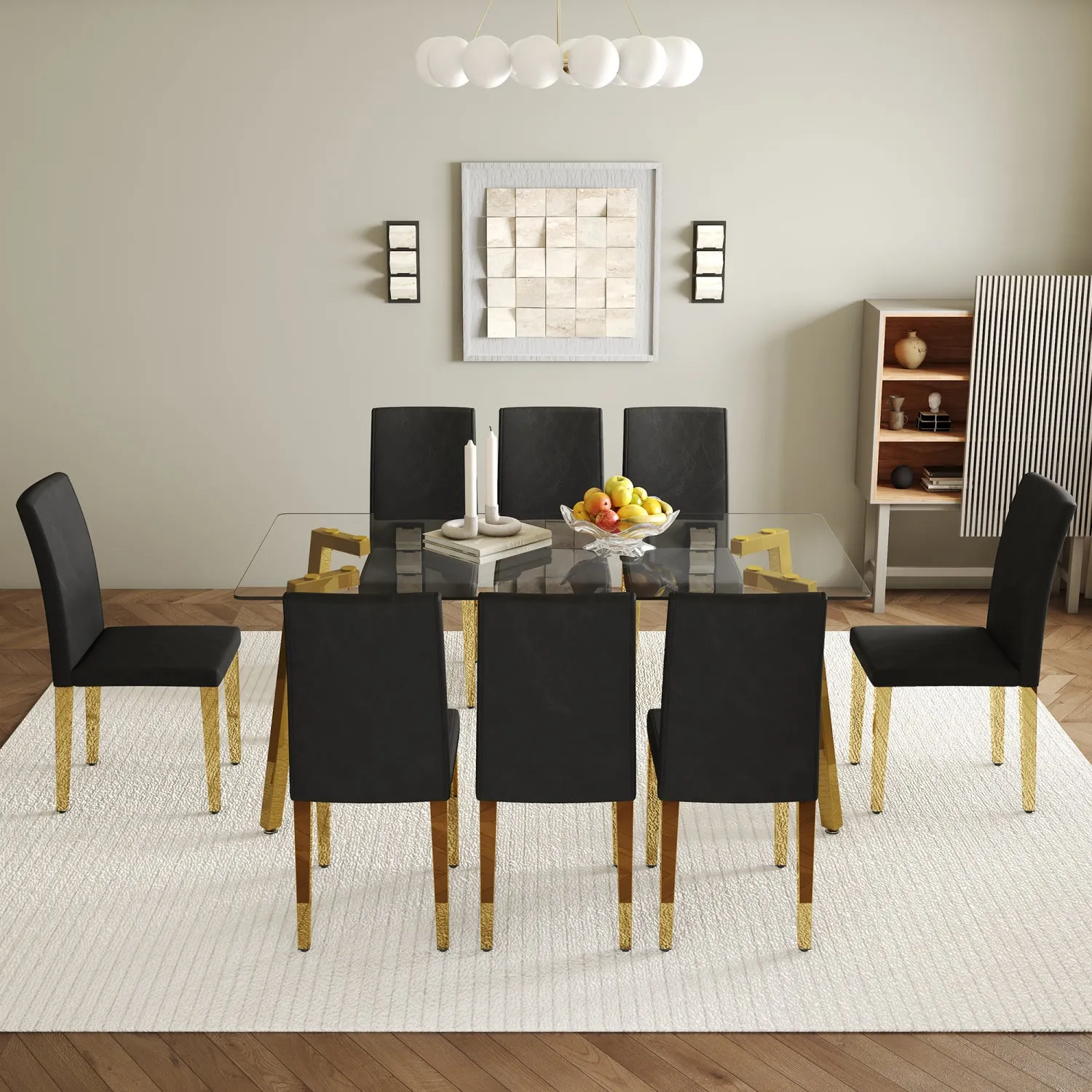 Streamdale Glass Top Dining Set: Table & 8 Black PU Chairs