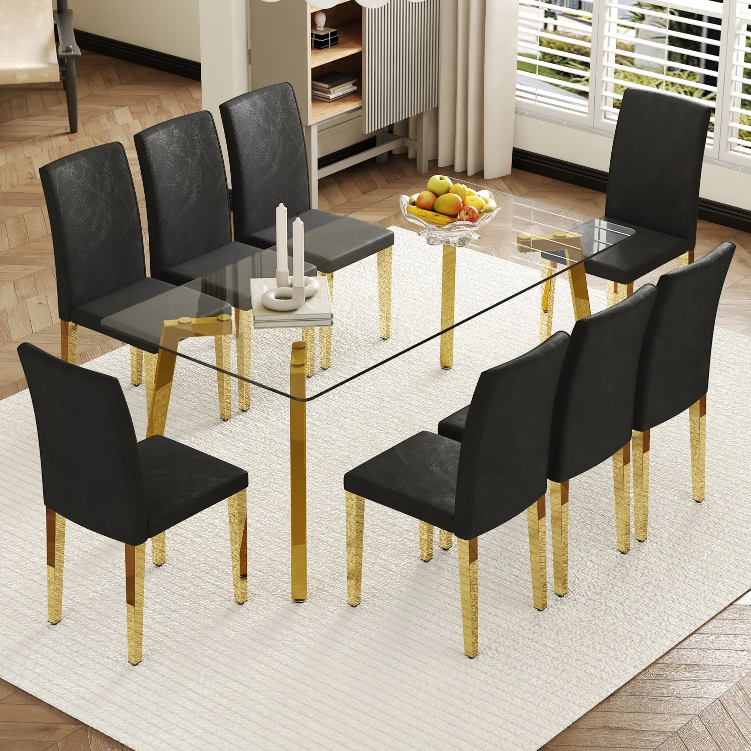 Streamdale Glass Top Dining Set: Table & 8 Black PU Chairs
