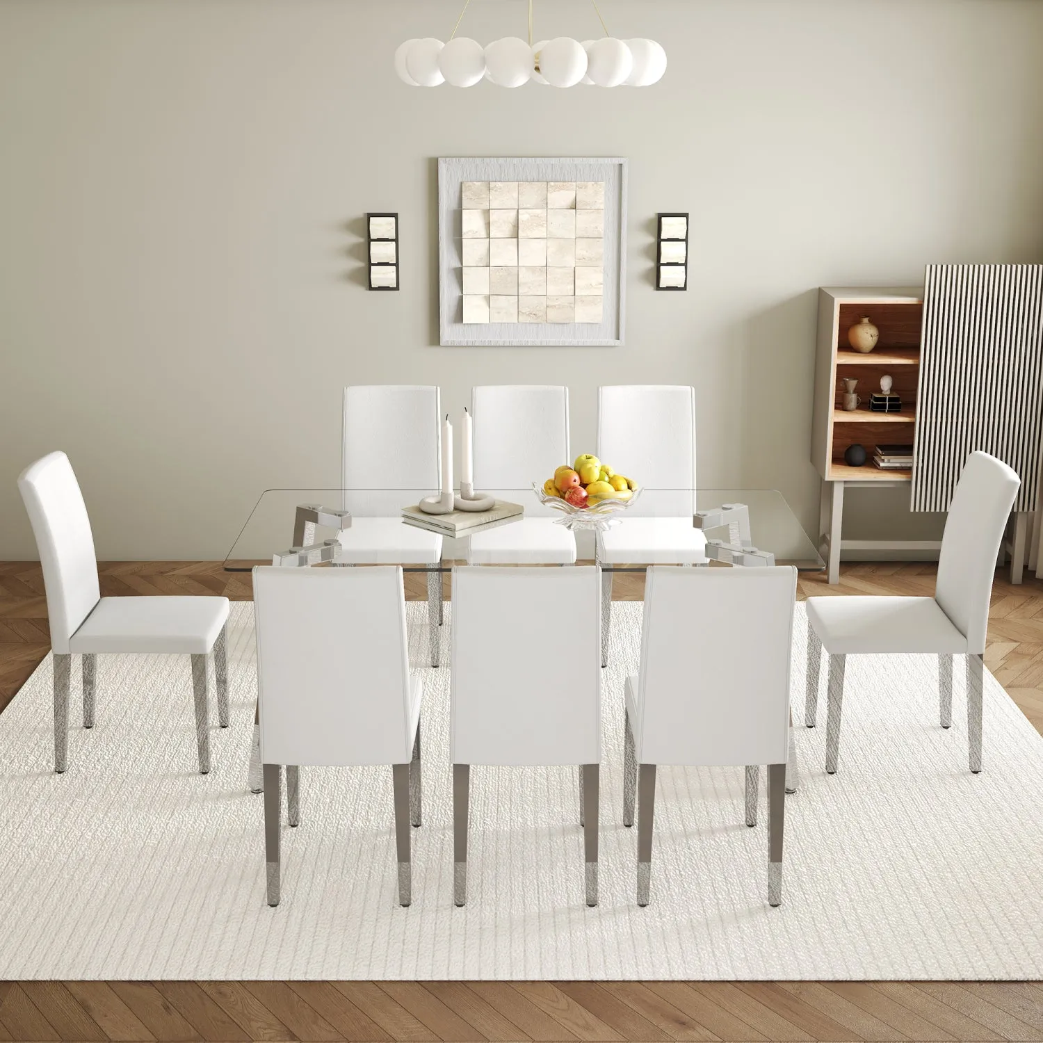 Streamdale Glass Top Dining Set: Table & 8 White PU Chairs