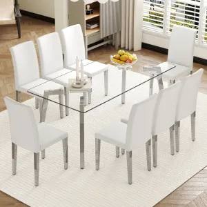 Streamdale Glass Top Dining Set: Table & 8 White PU Chairs