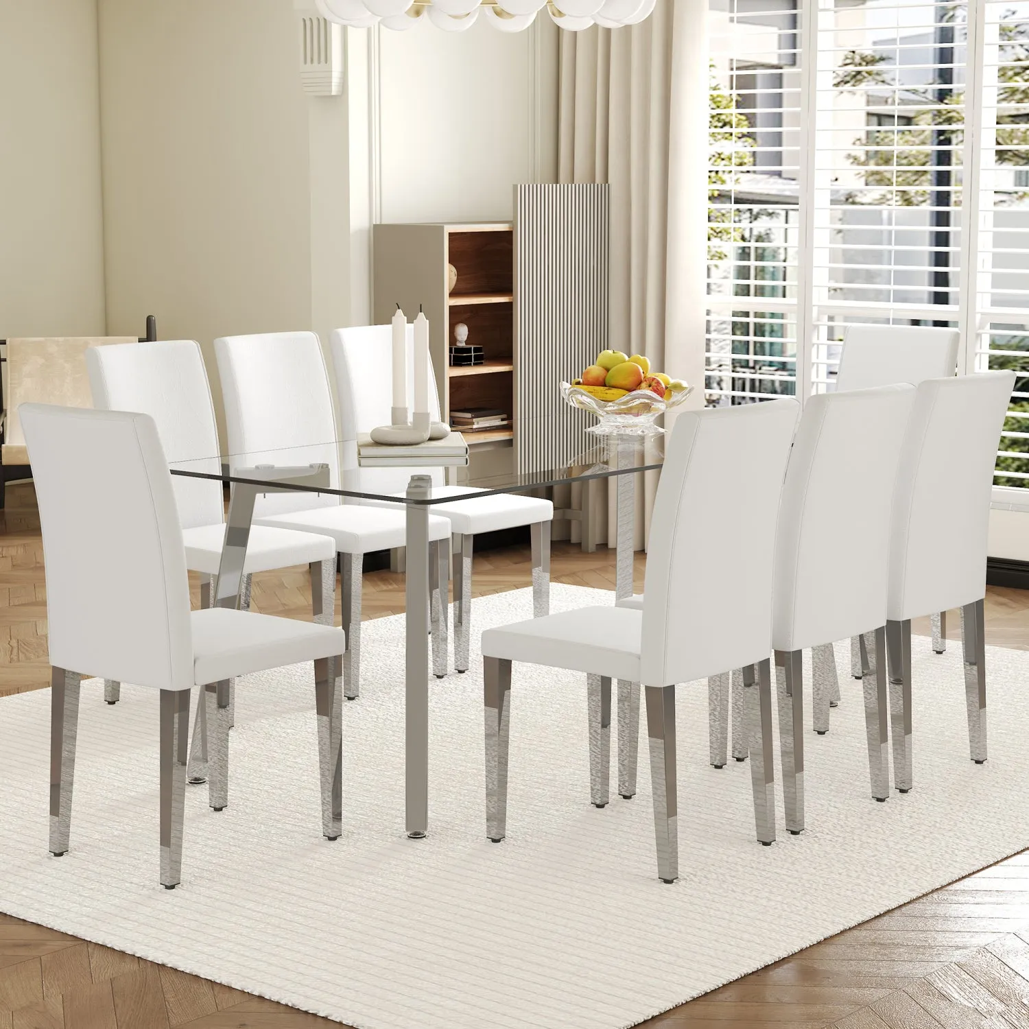 Streamdale Glass Top Dining Set: Table & 8 White PU Chairs