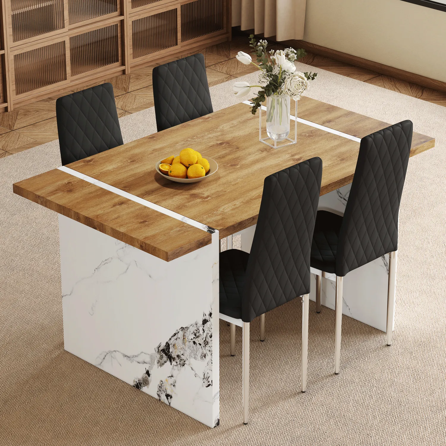 Streamdale Natural Wood Dining Set: Table & 4 Black Chairs