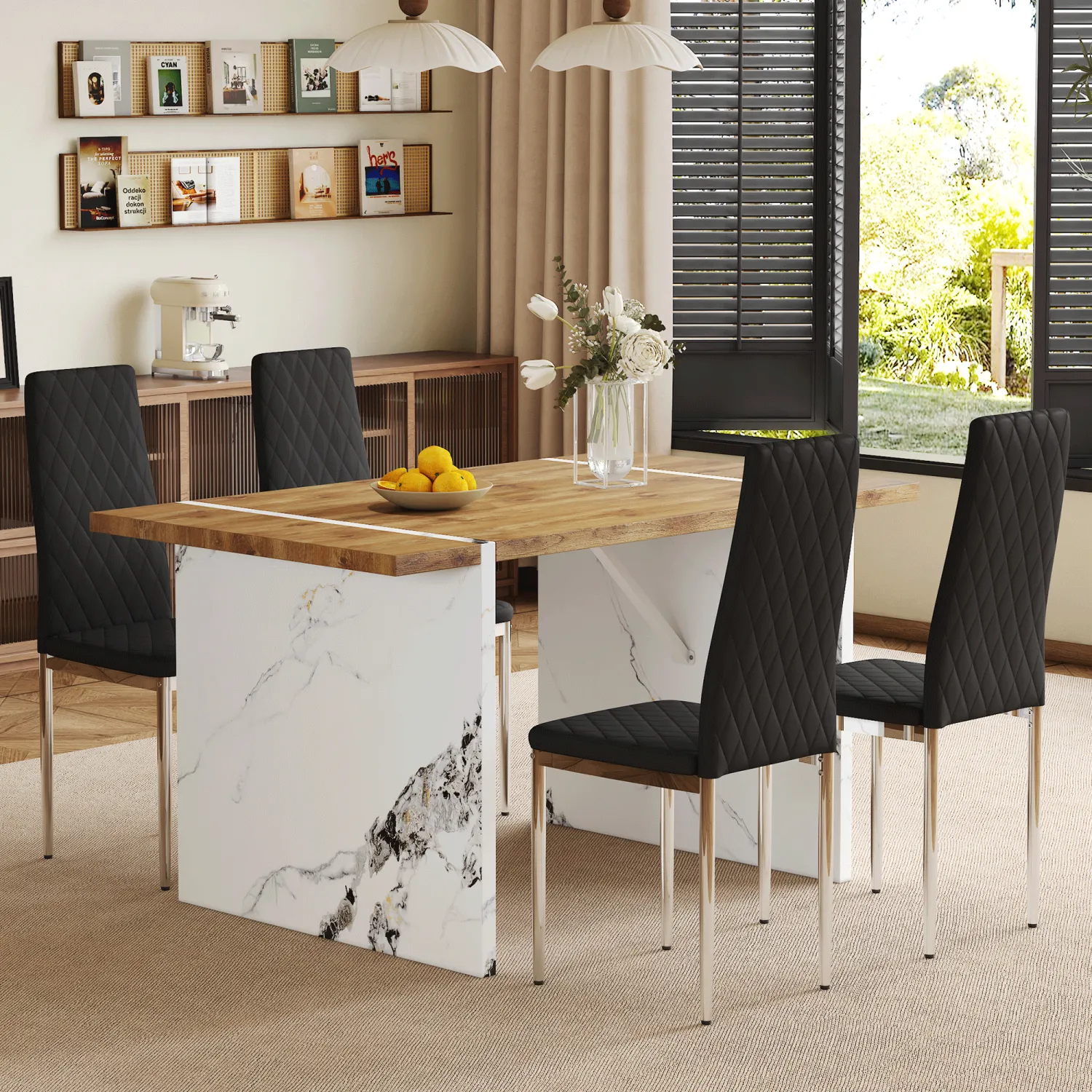 Streamdale Natural Wood Dining Set: Table & 4 Black Chairs