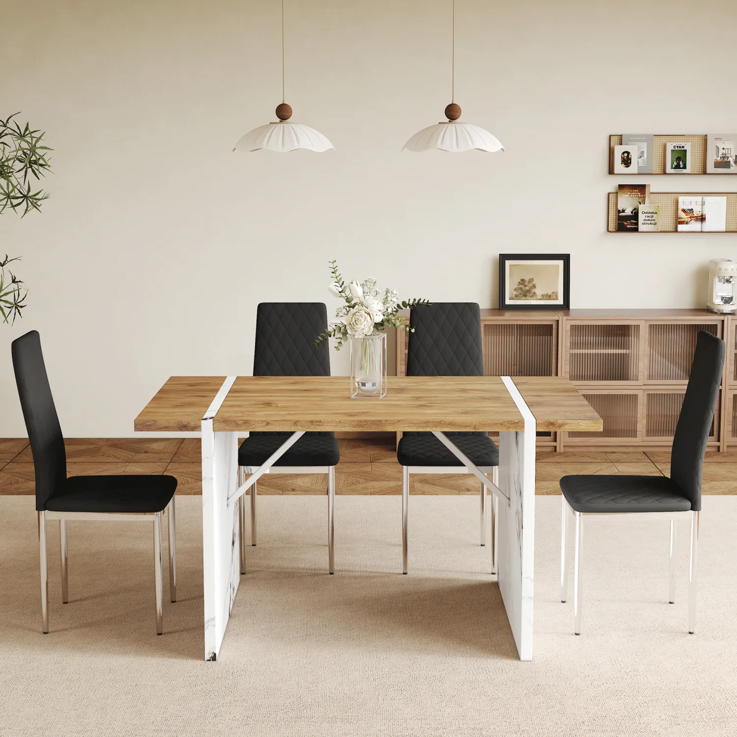 Streamdale Natural Wood Dining Set: Table & 4 Black Chairs