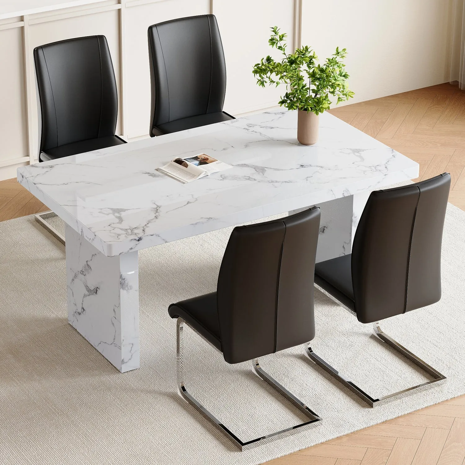 Streamdale White Marble Table & 4 Black PU Chairs - Silver Legs
