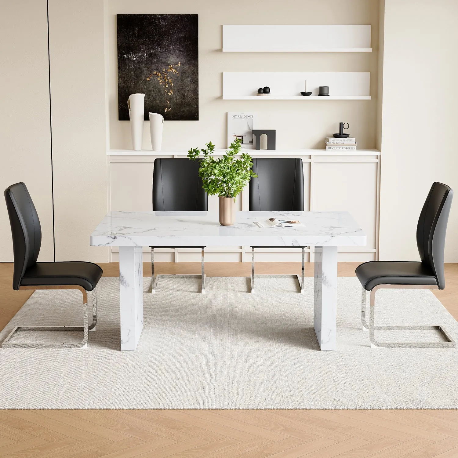 Streamdale White Marble Table & 4 Black PU Chairs - Silver Legs