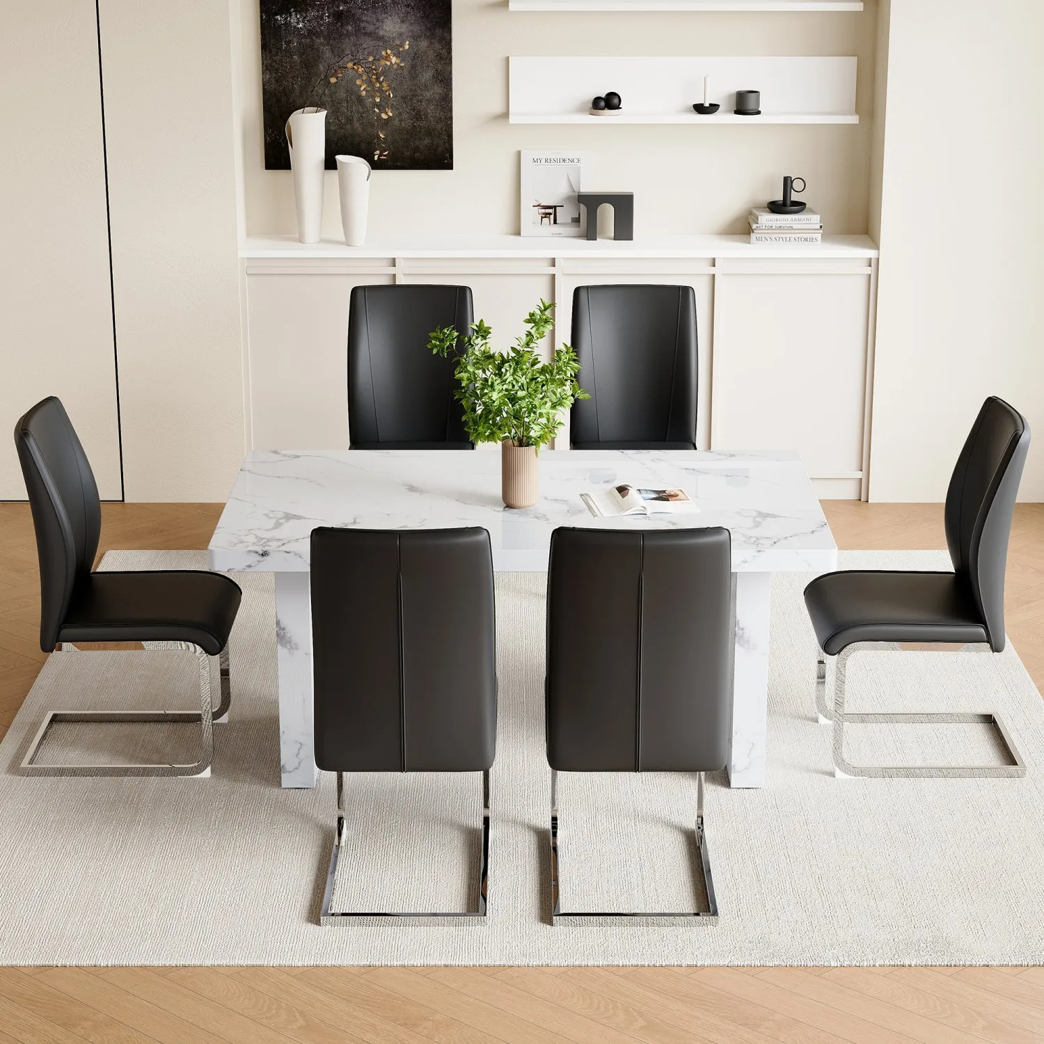 Streamdale White Marble Table & 6 Black PU Chairs - Silver Legs