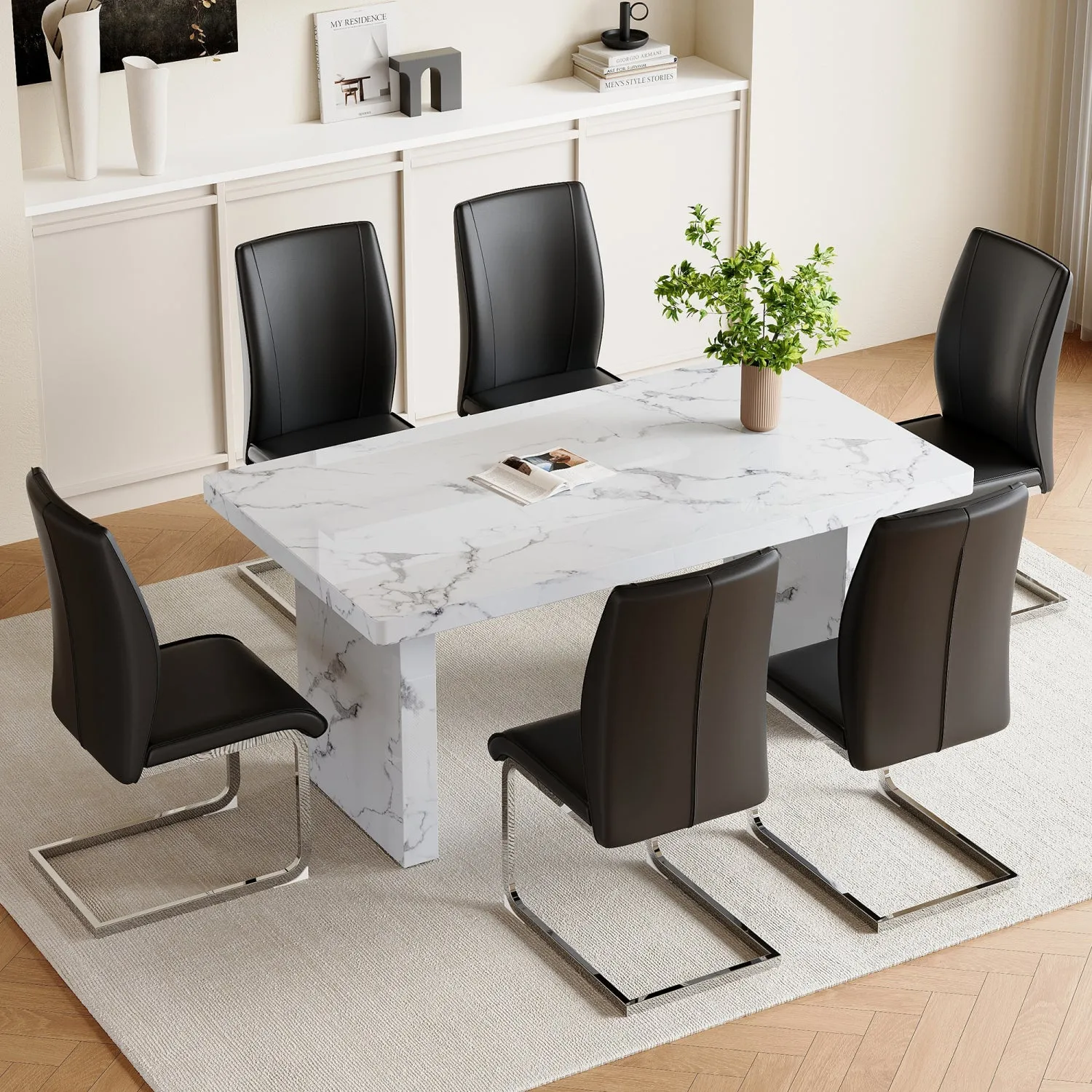 Streamdale White Marble Table & 6 Black PU Chairs - Silver Legs