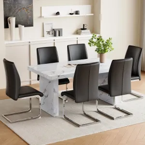 Streamdale White Marble Table & 6 Black PU Chairs - Silver Legs