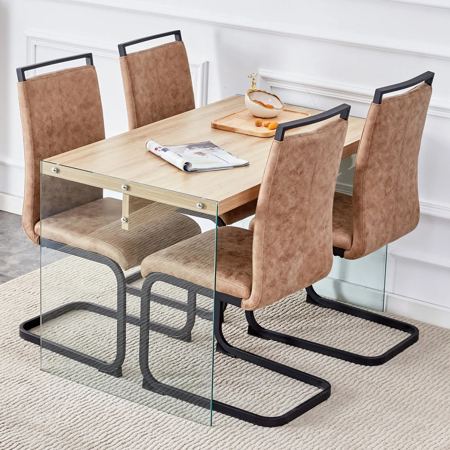 Streamdale Wood Coffee Table Set with 4 Brown Chairs