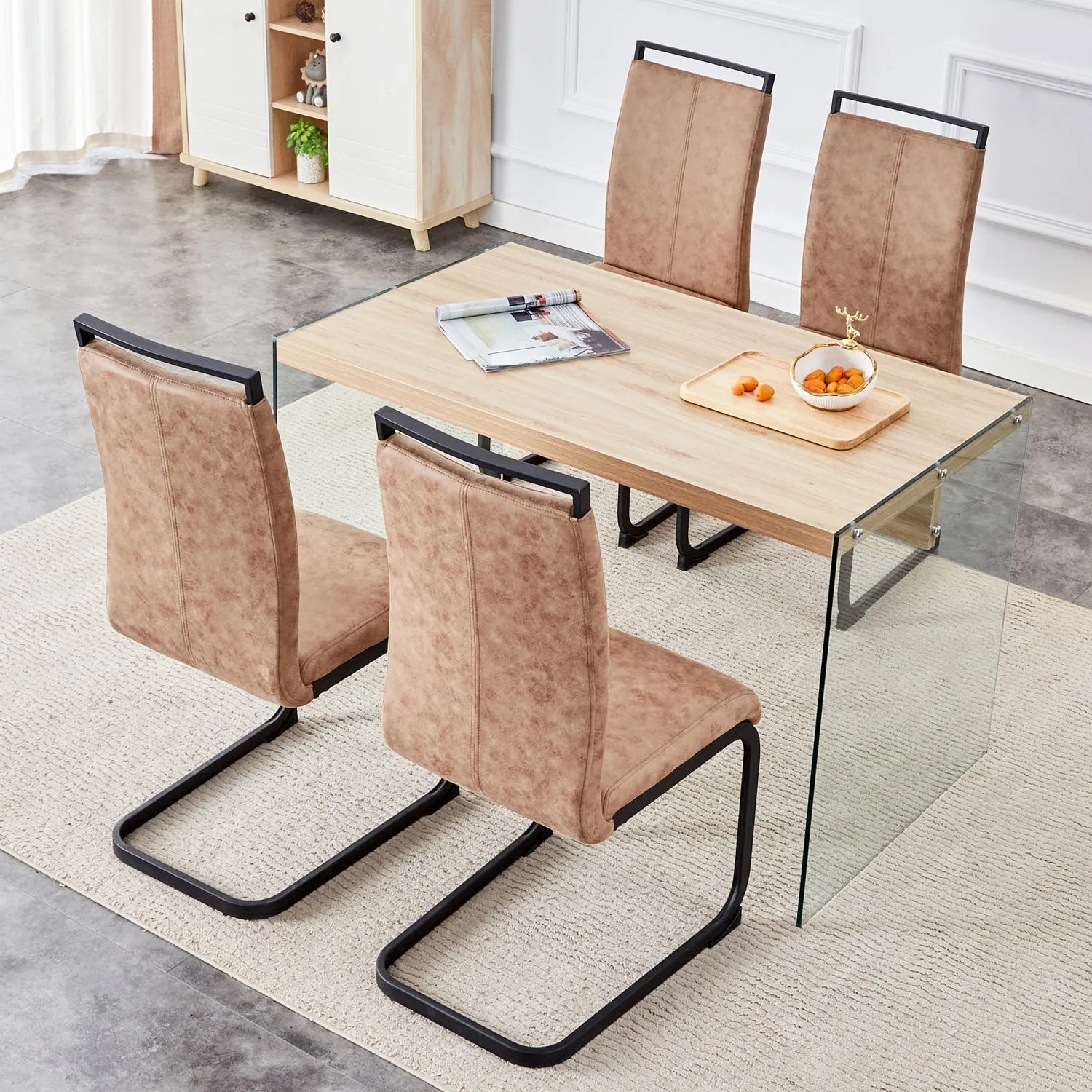 Streamdale Wood Coffee Table Set with 4 Brown Chairs
