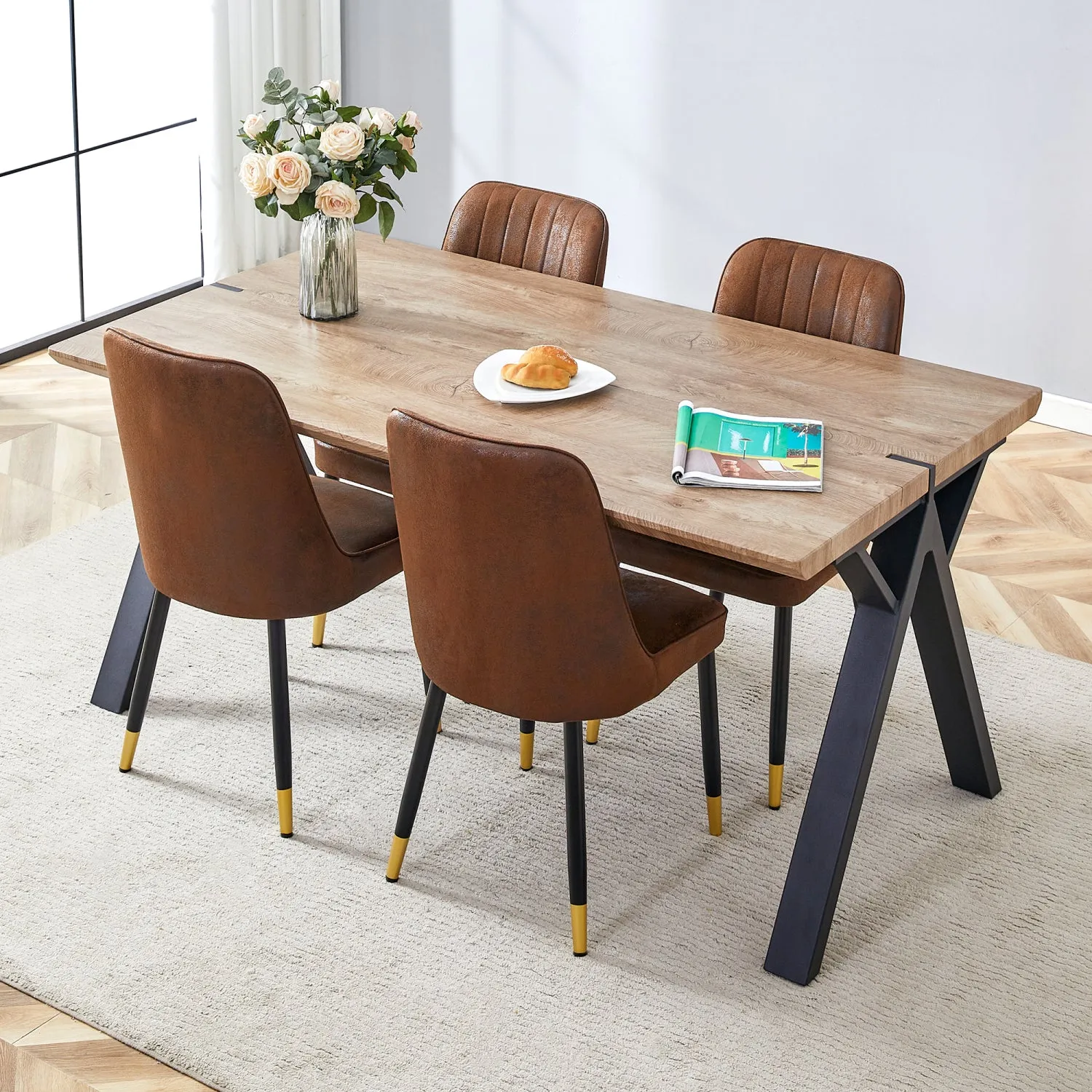 Streamdale Wood-Textured Dining Set Table (63"x35.4") with 4 Chairs